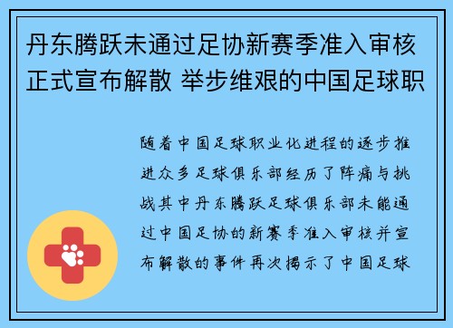 丹东腾跃未通过足协新赛季准入审核正式宣布解散 举步维艰的中国足球职业化困境再现
